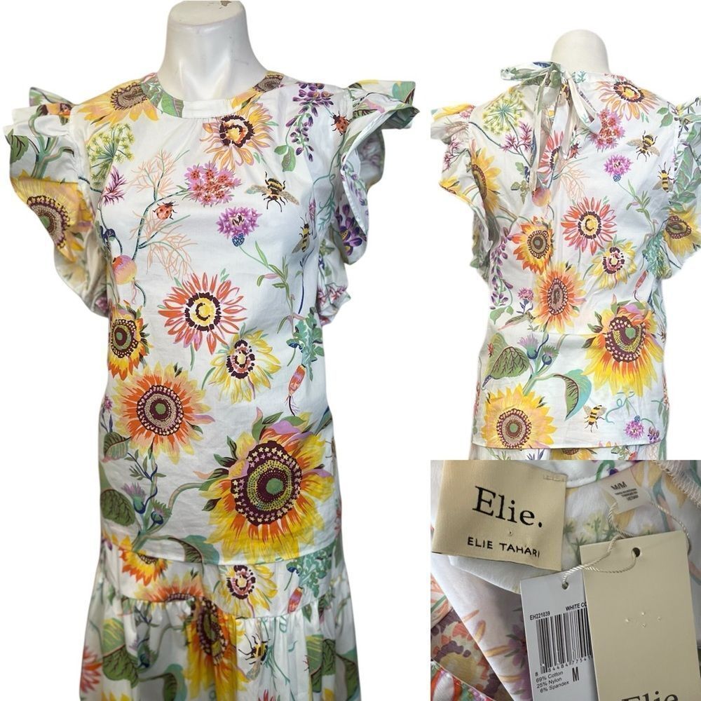 Elie Tahari White Sunflower Print Ruffle Sleeve Blouse